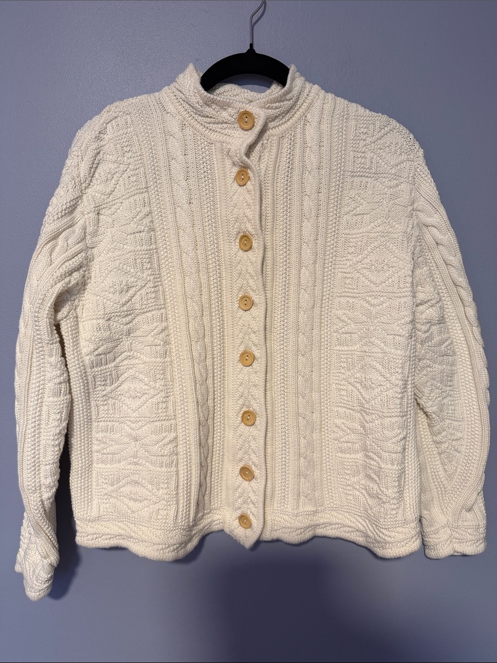 L.L. Bean Cream Cable Knit Button Front Cardigan 100% Cotton Boxy Sz L